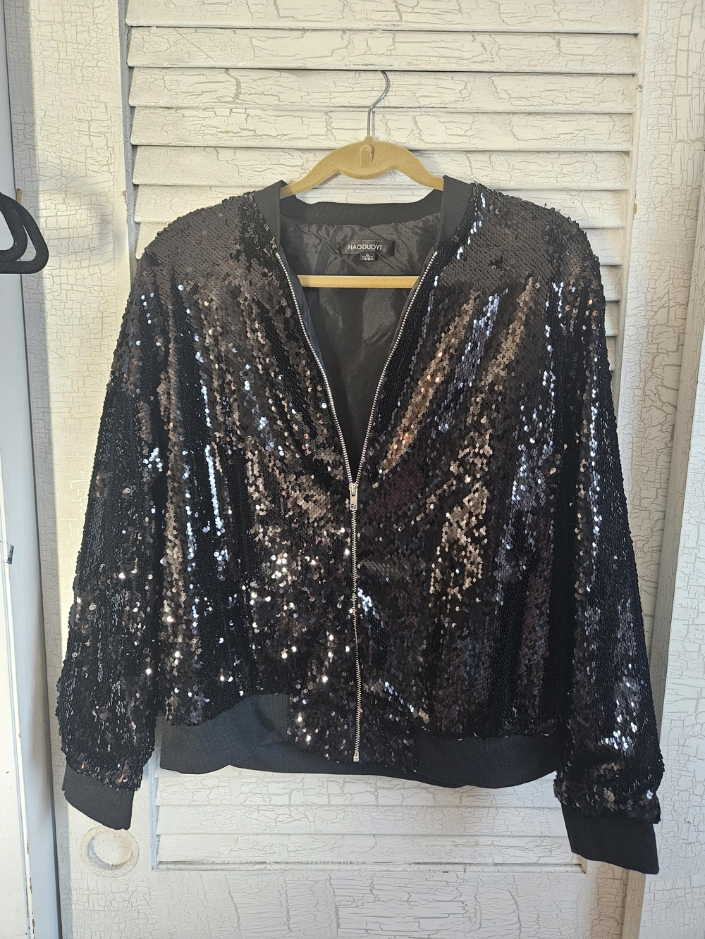 HAODUOYI Black Sequin Bomber Jacket